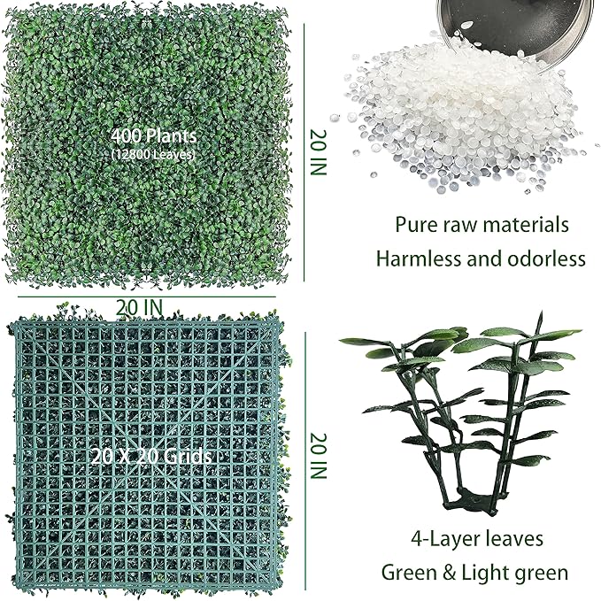 Artificial Boxwood Hedge Wall Panels: 20 X 20 in 14P UV-Anti More Dense Greenery Grass Wall Backdrop Panels for Indoor Outdoor Green Home Decor & Ivy Fence Covering Privacy