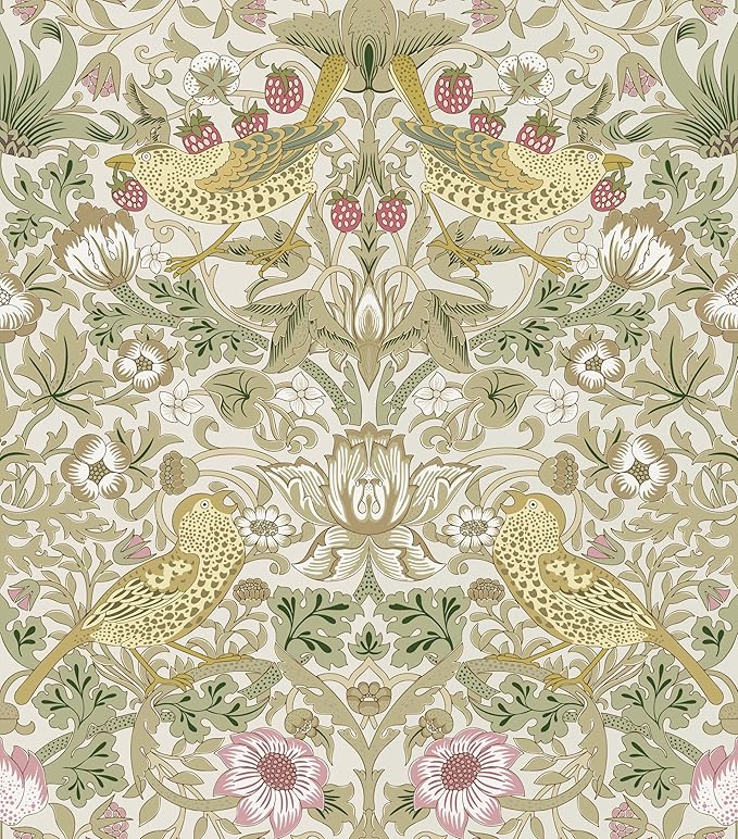 17.7x394 in White Peel and Stick Wallpaper Floral Wallpaper Flower/Strawberry/Bird Wallpaper Self Adhesive Contact Paper Removable Wall Paper for Living Room Dining Room Kitchen Decor