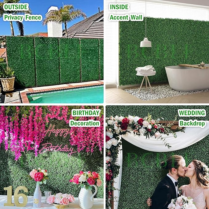 10x10Inch 24Pcs Grass Wall Panels, 4 Layers UV-Anti Boxwood Greenery Hedge with 50 Zip Ties, No Odor Artificial Fake Grass Backdrop for Indoor Outdoor Privacy, Birthday Wedding Decor, 16.7 SQ FT