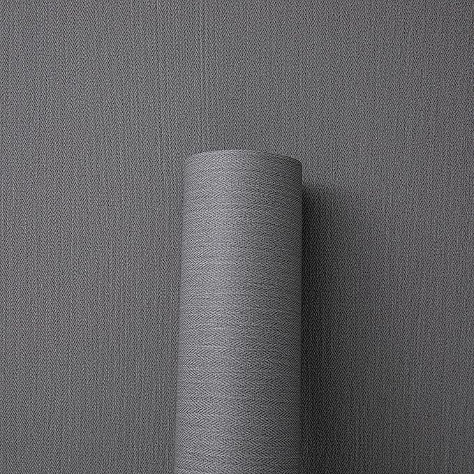 24"x393" Grey Grasscloth Peel and Stick Fabric Textured Contact Paper Linen Wallpaper Vintage Matte Frosted Waterproof Flax Wallpaper for Bedroom Bathroom Kitchen (Dark Gray)