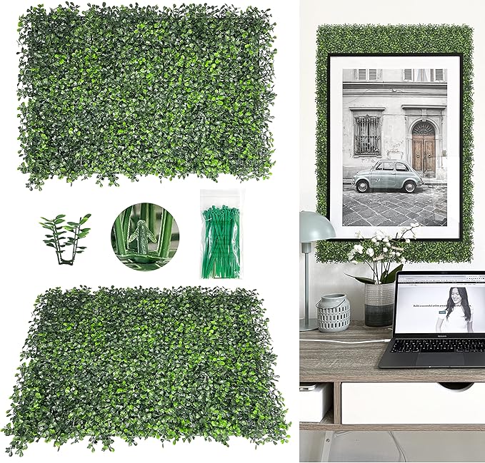 Bybeton Artificial Boxwood Panels,24"x 16" (12pc) 4-Layer Leaves UV-Anti Greenery Grass Wall Backdrop for Indoor Outdoor Privacy Protected and Garden, Balcony,Privacy Fence Screen Decor