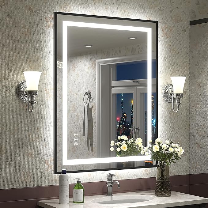 28x36 Framed LED Lighted Bathroom Mirror, Black Dimmable Vanity Mirror with Lights, Backlit and Front Lighted Mirror for Wall, Anti-Fog, Shatter-Proof, Memory (Horizontal/Vertical)