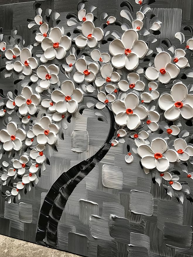 3D Cherry Blossom Tree Canvas Wall Art, White Flowers on Gray, Modern Floral Painting, 30x30 inches