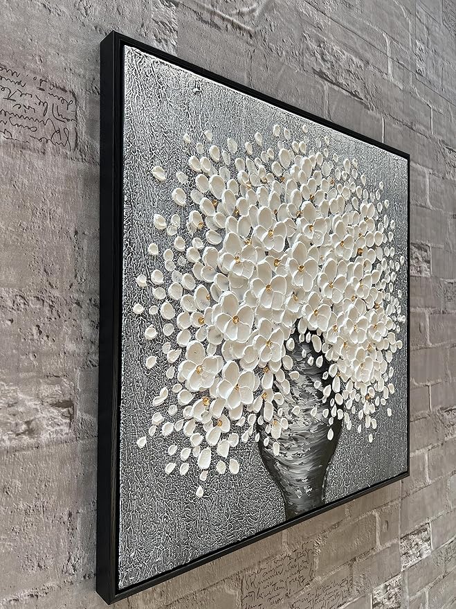24x24 Inch 100% Hand-Painted White Flowers 3D Abstract Decorative Oil Painting, Hall Wall Decorative Frame Wall Art Ready to Hang