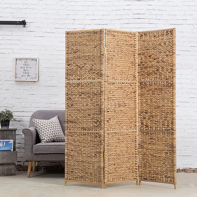 MyGift Handwoven Seagrass 3 Panel Room Divider Screen with Wood Frame, 6FT Folding Partition Room Divider, Brown 57.25''W x 70''H